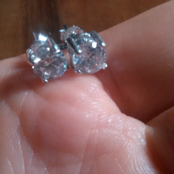 White Cubic Zirconia Sterling Silver Stud Earrings - Picture 5 of 11